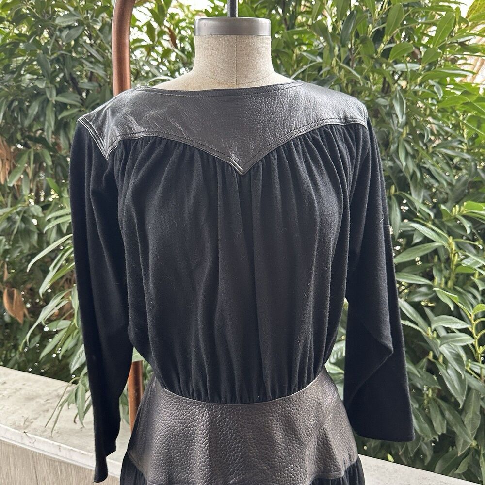 Vintage Edgy Western Black Leather Trim Midi Dress Sz 10 80s Marshall Rousso